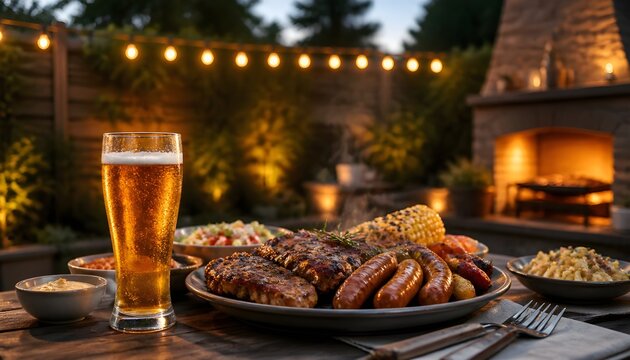 Delicious Grilled Sausages and Sides Served with a Cold Beer on a Patio