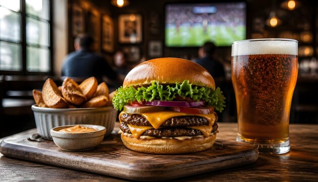 Delicious Double Cheeseburger and Crispy Fries Paired with a Refreshing Beer