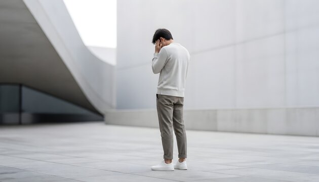 Man Standing Outside Modern Building Covering Face in Distress