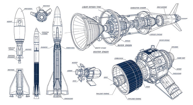 Spacecraft and Rocket Blueprints Detailed Engineering Drawings for Space Exploration and Aerospace Technology