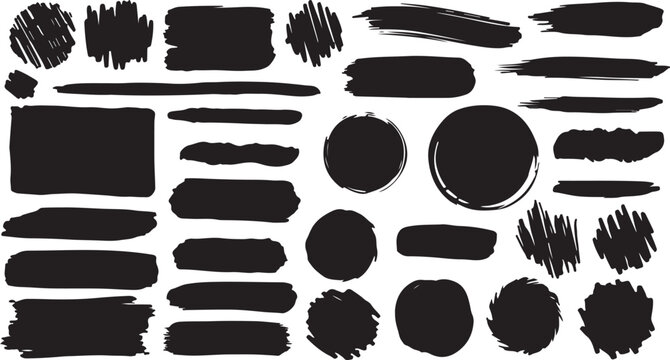 Black Hand-Drawn Brush Strokes and Scribble Shapes On White