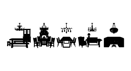 Fototapeta premium Elegant Dining Room Furniture Silhouettes, Classic Chandeliers, Vector Set for Interior Design