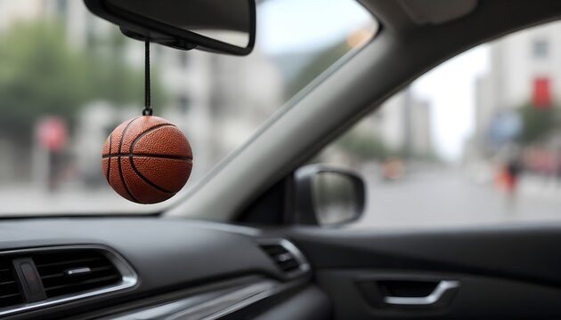 Basketball Decoration Hanging from the Rearview Mirror Inside a Car Moving Through City Streets