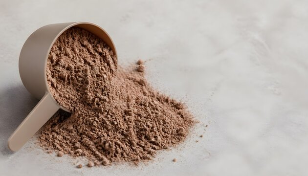 Chocolate Protein Powder Spilled from a Measuring Scoop onto a Clean Marble Surface