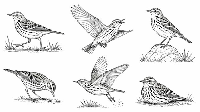 Meadow Pipit bird sketches collection, vintage hand-drawn illustrations