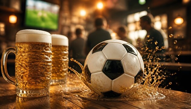 Soccer Ball and Beer Mugs on a Wooden Table Inside a Sports Bar During a Live Match Viewing