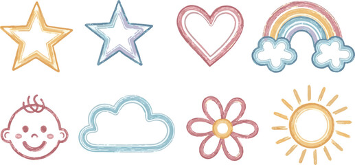 Fototapeta premium Pastel-Colored Baby and Nursery Crayon Doodle Icons On White