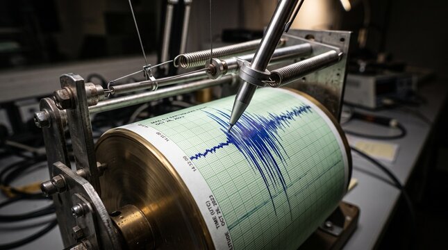 Analog seismograph drum recording seismic wave frequency on paper for natural disaster research articles