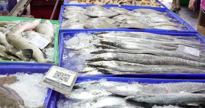 Fresh various sea fish sell in traditional maket food industry Bangkok Thailand