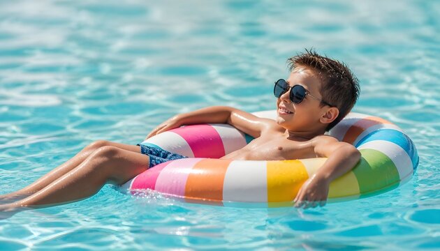 Relaxing Boy Enjoying a Summer Day Swimming in the Pool on an Inflatable Tube