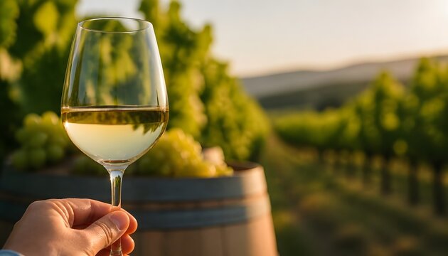 Close up of Hand Holding Glass of White Wine in Vineyard at Sunset
