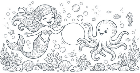 Abstract Mermaid and Octopus Friends: A whimsical illustration of a smiling mermaid with flowing hair and a playful octopus surrounded by seashells, coral, and bubbles. © Kaosar