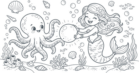 Abstract Mermaid and Octopus Playing: A cheerful mermaid with a shimmering tail and a friendly octopus hold a glowing orb together on the sandy seabed, surrounded by coral, shells, and tiny fish. © Kaosar