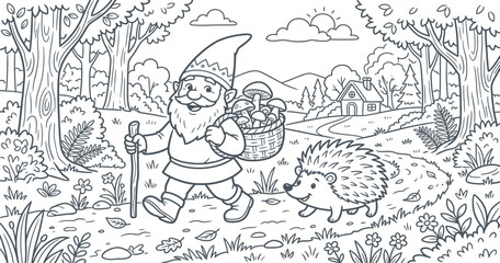 Obraz premium Abstract A Gnome's Forest Adventure: A charming gnome with a basket of mushrooms walks along a woodland path, accompanied by a friendly hedgehog, through a whimsical forest setting.