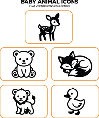 A striking assortment of cute baby animal vector icons featuring a fawn, bear cub, fox, lion cub, and a small duckling. © Vector Design