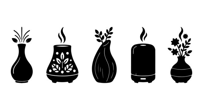 Aromatic Diffusers and Vases, Essential Oil Humidifier Icons, Home Fragrance Vector Set