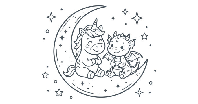Abstract Unicorn and Dragon on the Moon: A whimsical illustration featuring a cute unicorn and a friendly dragon sitting together on a crescent moon, surrounded by twinkling stars.