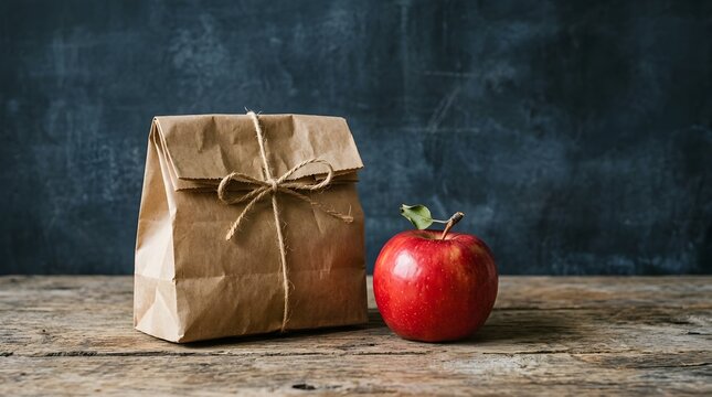 Healthy school lunch idea packed brown bag with fresh red apple on rustic wooden table
