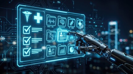 Fototapeta premium AI in healthcare concept with a robot hand managing digital medical records.