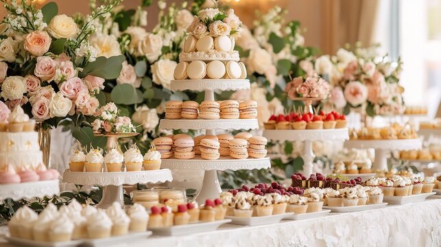 Elegant Wedding Dessert Table with Macarons and Petit Fours