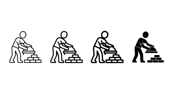 Bricklayer Icon Set, Construction Worker Building Wall, Manual Laborer Vector Graphics