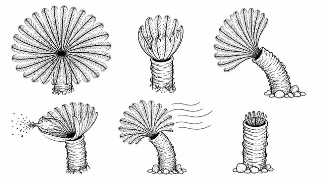 Sabellid fan worm set in different poses, marine biology illustration