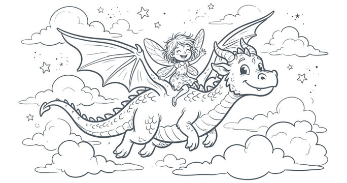 Abstract Fairy Riding a Dragon: A whimsical illustration depicts a cheerful fairy with wings soaring on the back of a friendly dragon through a sky filled with clouds and stars.