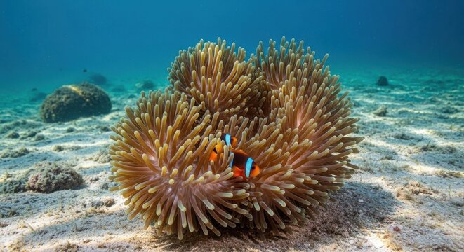 Clownfish Hiding Within a Vibrant Sea Anemone Underwater