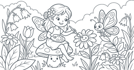 Abstract Fairy Painting Daisy: A cute fairy with butterfly wings, sitting on a mushroom, paints a happy daisy in a garden filled with flowers and a butterfly.