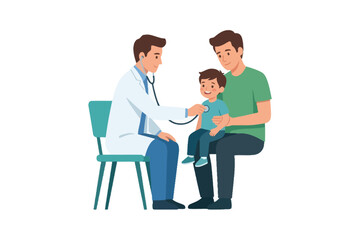 Fototapeta premium Pediatrician examining boy with stethoscope and father present