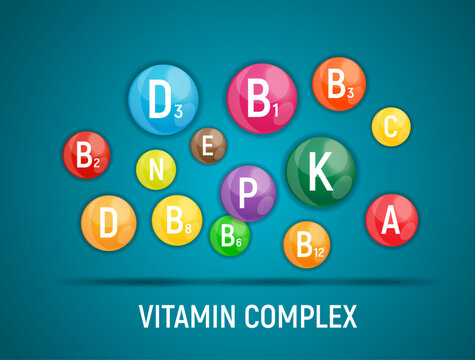 Vitamin complex with essential nutrients including b vitamins vitamin d c k and e on teal background