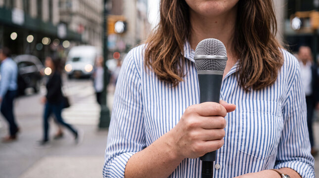 Journalist holds microphone on busy city street during daytime while people walk by