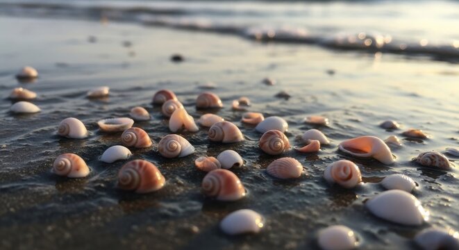 Delicate Seashells Washed Ashore on a Sandy Beach