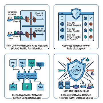 Modern Vector Illustration Showcasing Advanced Network Security Concepts with SDN VLAN and Firewall Rules technology diagram concept switch hypervisor traffic