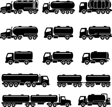 Set of black tanker truck silhouette icons for industrial transportation with transport, silhouette