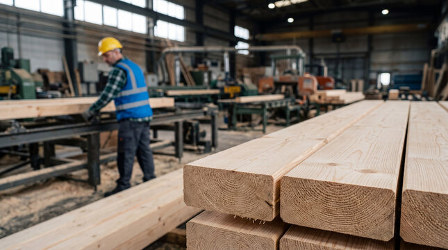Worker in a lumber mill cuts wood into various sizes during daytime work hours
