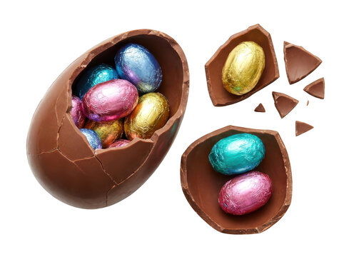 Broken chocolate easter egg with small foilwrapped eggs isolated on transparent background