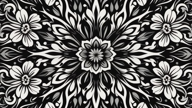 Monochrome floral mandala pattern animation featuring rhythmic botanical symmetry and flowing organic shapes in this dynamic black and white video