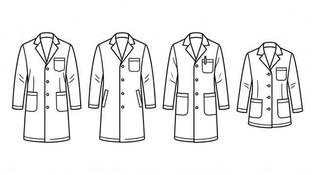 A premium medical lab coat and doctor coat icon collection featuring four modern minimalist vector illustrations displayed in a clean horizontal layout on a pure white background. The collection showc