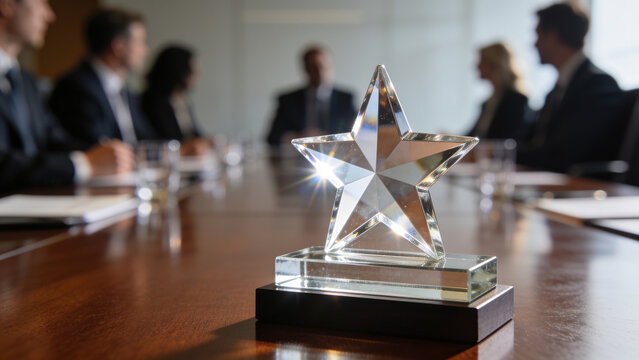 Business meeting with award trophy in focus at a conference room table
