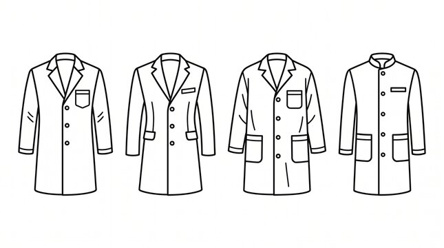 A premium medical lab coat and doctor coat icon collection featuring four modern minimalist vector illustrations displayed in a clean horizontal layout on a pure white background. The collection showc