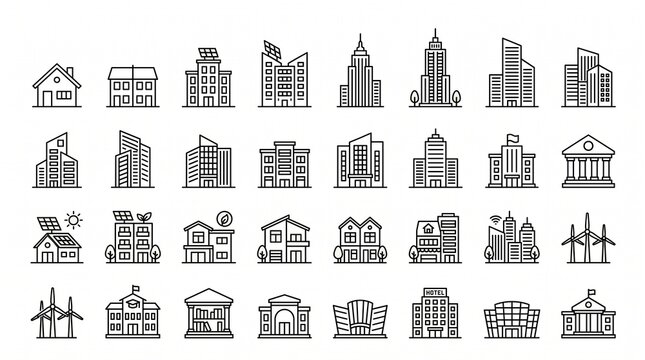 A premium architecture, real estate, and commercial building icon collection featuring 30 modern minimalist monoline vector illustrations arranged in a clean 5&times;6 grid on a pure white background. The c