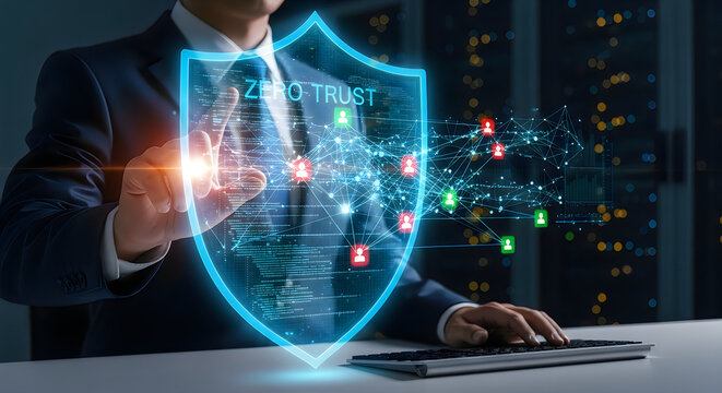 Business professional interacting with a glowing digital shield interface representing modern zero trust network security protocols