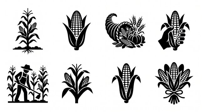 A premium corn, maize, agriculture, and harvest icon collection featuring six modern minimalist vector illustrations arranged in a clean 2&times;3 grid on a pure white background. The collection showcases c