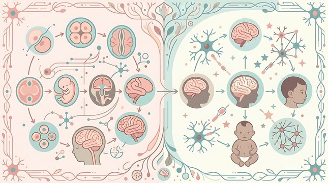 Stages of human brain development from embryonic cells to infancy