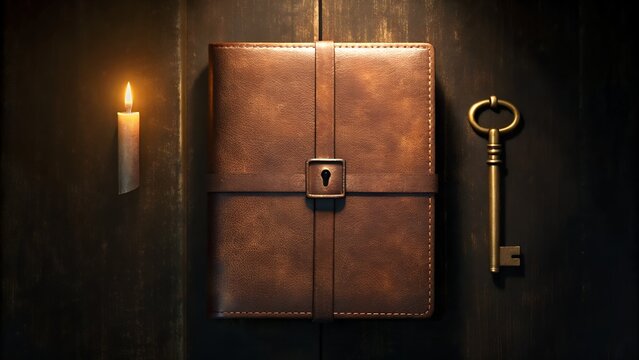 Vintage closed leather journal diary with key lock and burning candle on dark wood