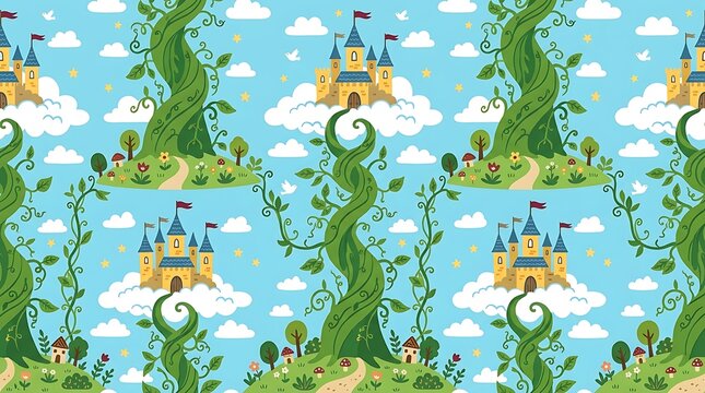 Whimsical seamless pattern of tall beanstalks and castles in the sky