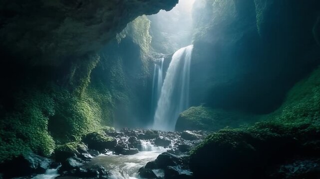 Majestic waterfall cascading inside a dark rocky cavern with streaming light rays in this cinematic motion video animation loop scene