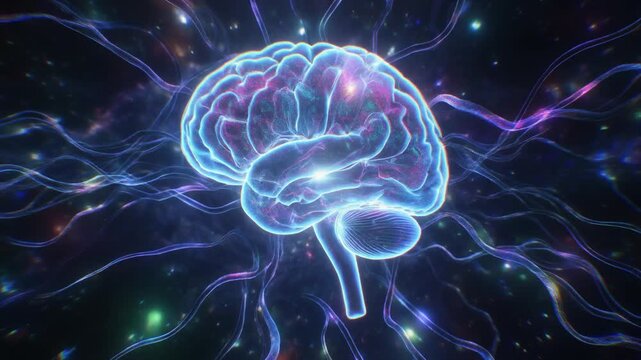 Glowing human brain neural network pulsing with electrical impulses in a deep space background digital motion animation video loop clip