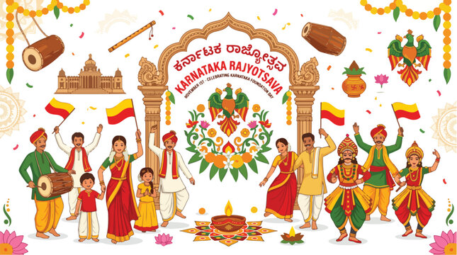 Vibrant Karnataka celebration of Kannada Rajyotsava, Karnataka Foundation Day, with people in traditional Indian